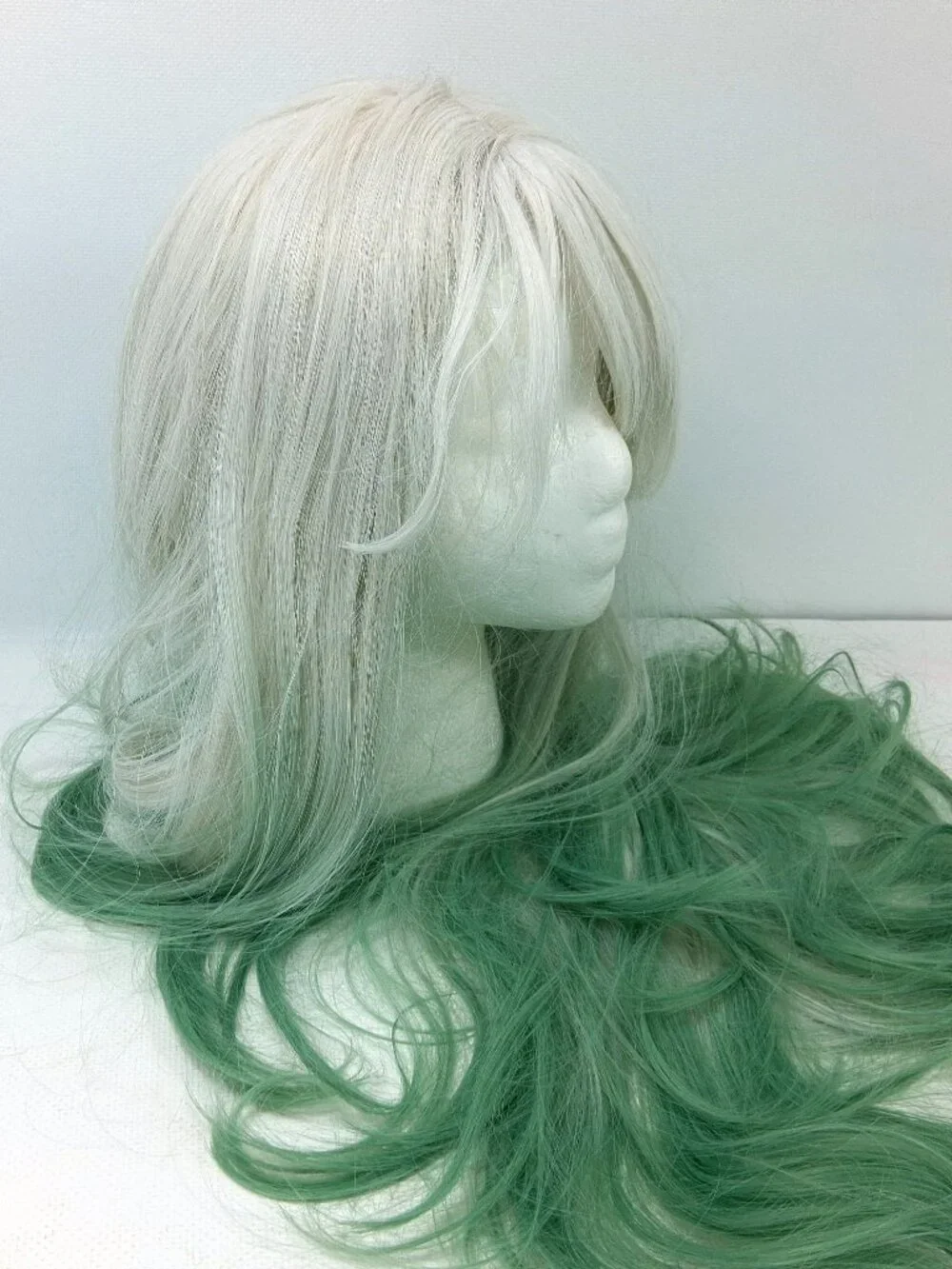 Long Layered Wig White Blond Gradient Pastel Green